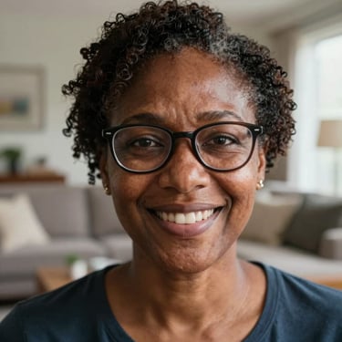 A close-up portrait of a smiling African American woman with glasses, looking directly at the camera with a look of relief and pride, set in a North American living room.