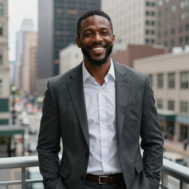 A portrait of an African American man in professional attire standing on a North American city balcony, smiling broadly with a sense of accomplishment.