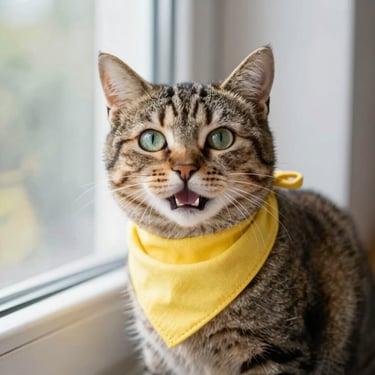 Retrato de un gato atigrado de ojos verdes con un pañuelo amarillo brillante junto a una ventana.