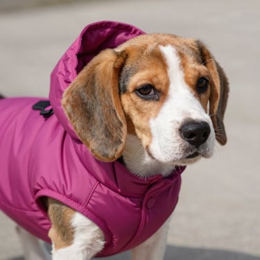 Perro beagle con chaleco rosa mexicano