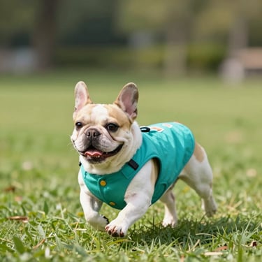 Un adorable bulldog francés con un chaleco turquesa corriendo por un campo de hierba verde.
