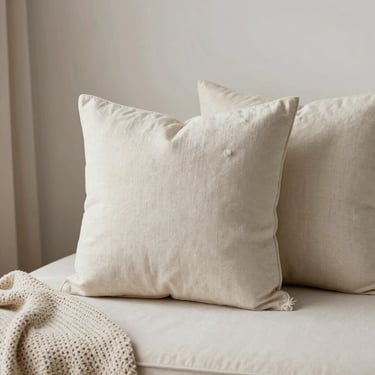 Close-up of soft off-white washed linen bed sheets, gentle morning light, elegant natural folds