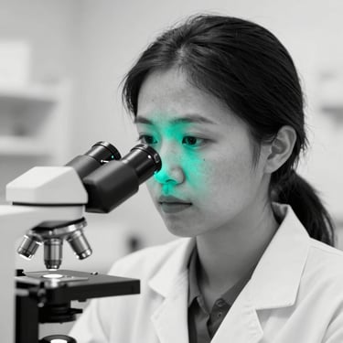 High-contrast monochrome portrait of a female metabolic engineer in a sterile white laboratory setting, 50mm crisp scientific photography