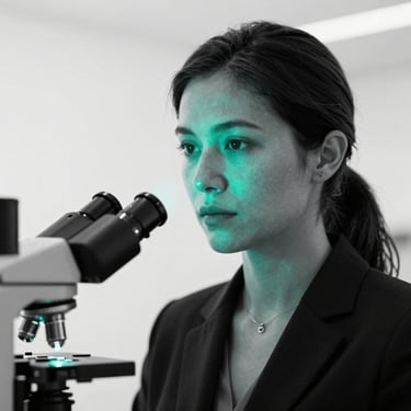 High-contrast monochrome portrait of a female biotech executive in a modern minimal office, 50mm crisp scientific photography