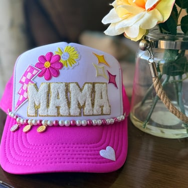 pink mama hat with flowers and sparkle