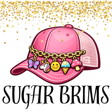 Sugar Brims hat chains logo, a pink hat with gold chain and fun charms