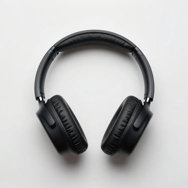 Overhead flat-lay of wireless noise-cancelling headphones on a clean white surface, ear cups facing up, neutral studio lighting, no hands