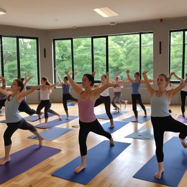 A peaceful outdoor yoga session by the water with participants in relaxed poses.