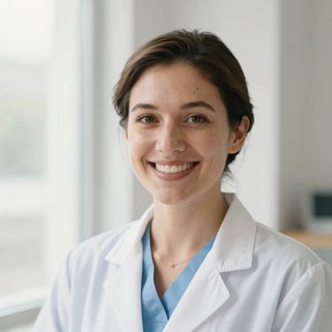 Portrait of Dr. Sarah Lumina, DDS, warm smile, soft natural lighting, shallow depth of field, friendly and welcoming gaze