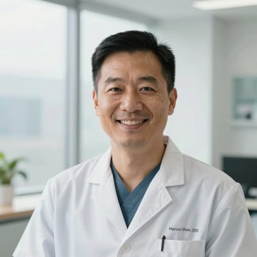 Portrait of Dr. Marcus Chen, DDS, warm smile, modern light-filled clinic background, soft window light, professional and gentle expression