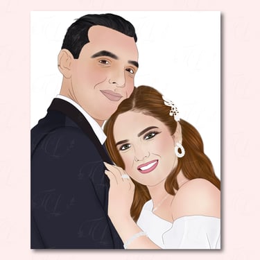 Digital illustration of a couple in wedding attire embracing. Woman smiling.