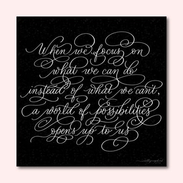 Hand-drawn digital calligraphy with white flourished text on black background