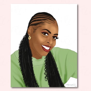 Hand-drawn digital portrait of a woman with cornrows and braids with a big smile and makeup.