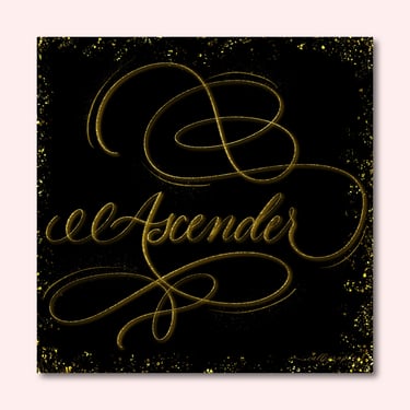 Hand-drawn digital illustration of the word Ascender in gold sparkly flourished text on black background with sparkles.