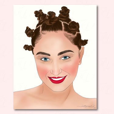 Hand‑drawn digital portrait of a person with Bantu knots, blue eyes, and red lipstick on a soft pink background.