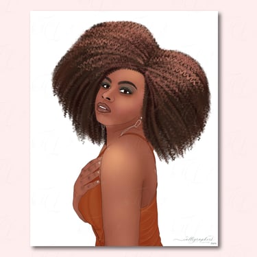 Hand-drawn digital portrait of woman with big curly hair, makeup, and earrings with orange dress.