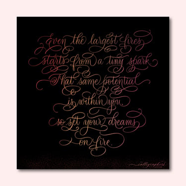 Hand-drawn digital calligraphy with pink and orange flourished text on black background