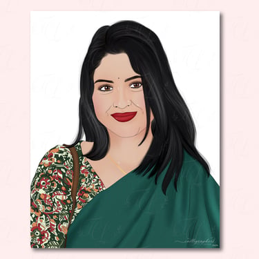 Hand‑drawn digital portrait of a person in a green saree with long black hair, floral blouse, and a subtle smile.
