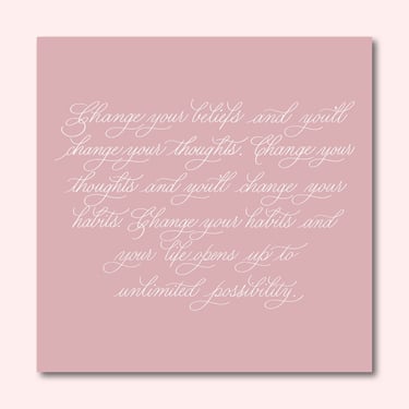 Hand-drawn digital calligraphy with white lightly flourished text on pink background.