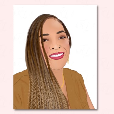 Hand-drawn portrait of woman with brown and blonde braids with big smile and tan shirt.
