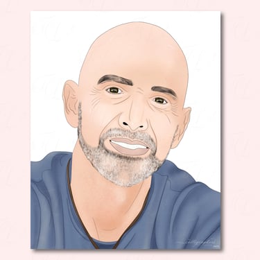 Hand-drawn digital portrait of a bald man with grey short beard and blue scarf. With subtle smile