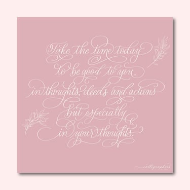 Hand-drawn digital calligraphy with white flourished text on pink background.