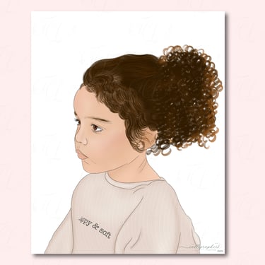 Hand-drawn digital illustration of a little girl wearing a sweater with curly brown hair.