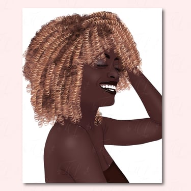 Digital illustration of woman with blond curly hair and a bright smile.