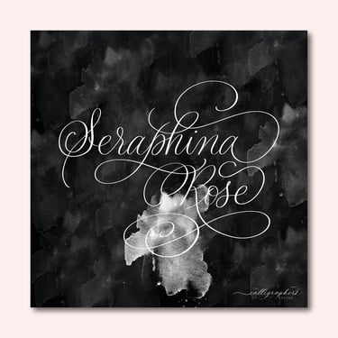 Hand-drawn digital calligraphy of Seraphine Rose in white flourished text on black and white background.