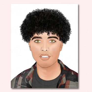 Digital illustration of a man with lots of curly hair on top with big hazel eyes and a plaid short and black t-shirt.