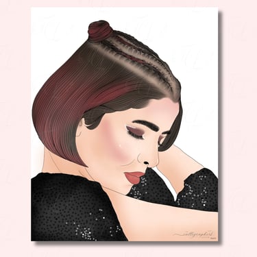 Digital illustration of a woman with eyes clothes and short hair with burgundy streaks.