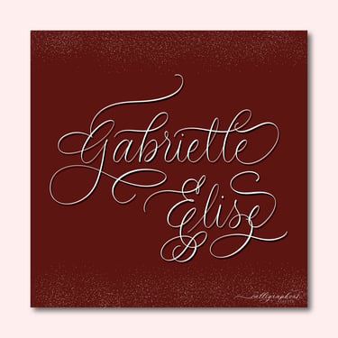 Hand-drawn digital calligraphy of Gabrielle Elise in white flourished text on burgundy background.