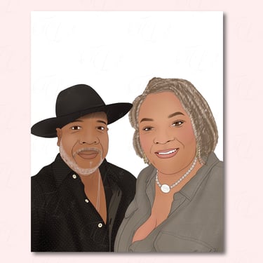 Hand-drawn digital portrait of a couple. Man wearing a black hat and woman with a khaki blouse and braids.