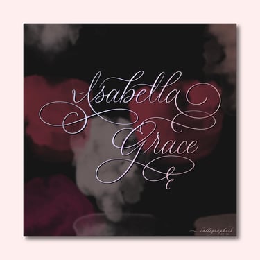Hand-drawn digital calligraphy of Isabella Grace in flourished pink text on a dark multi-colored background.