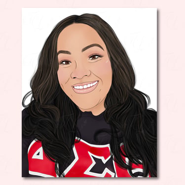 Hand-drawn digital portrait of woman in a sorority sweatshirt smiling with long wavy black hair.