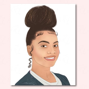 Hand-drawn digital illustration of a woman in medical attire with a slight smile and a high bun. Hair tendrils.