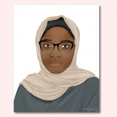 Hand‑drawn digital portrait of a person wearing glasses and a beige headscarf with smooth shading and clean lines.