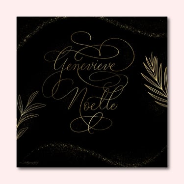Hand-drawn digital calligraphy with the name Genevieve Noelle in flourished gold lettering on black background.