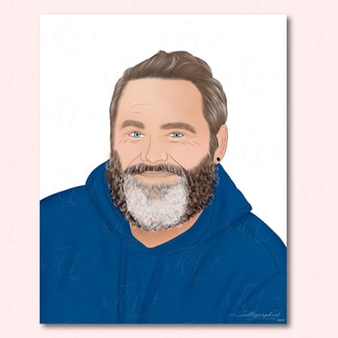Hand‑drawn digital portrait of a person with a full beard, blue eyes, and short brown hair wearing a blue hoodie.