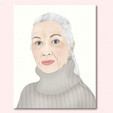 Digital illustration of a senior woman with gray hair and wrinkles. Blue eyes and knit shirt.