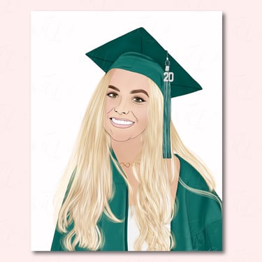 Digital illustration of woman in green graduation cap and gown with long blonde hair and big smile.
