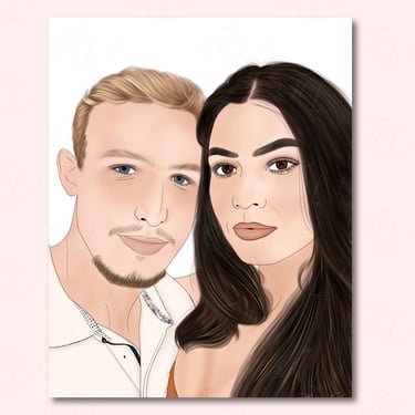 Hand-drawn digital portrait of a couple; man with blond hair and woman with long dark flowing hair.