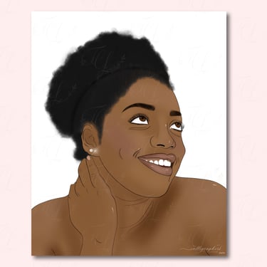 Digital illustration of a woman with natural hair looking above with her hand on her neck.