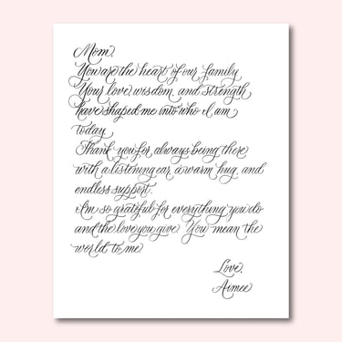 Digital calligraphy artwork showing a handwritten letter in flowing script with soft flourishes.