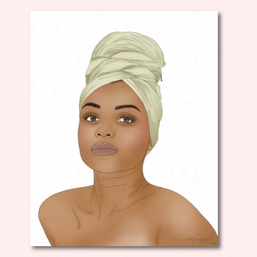 Hand-drawn digital illustration of a woman wearing a green turban with brown eyes and full lips.