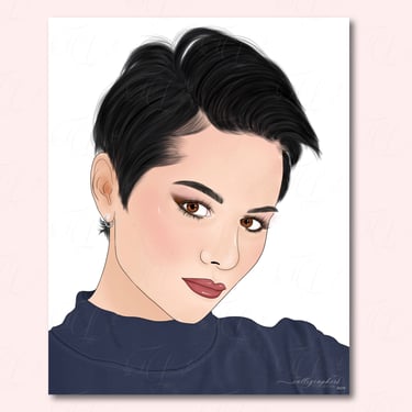 Hand-drawn digital illustration of woman with short black hair, red lipstick, and blue shirt.
