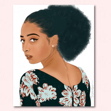 Digital portrait illustration of a woman looking over her shoulder with fluffy curly hair in a ponytail and flower dress.