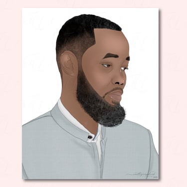 Hand-drawn digital portrait of man with full beard and short haircut.