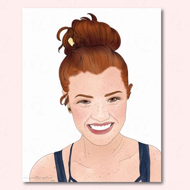 Digital illustration of woman with a pretty smile, squinty eyes, red, hair and lots of freckles.