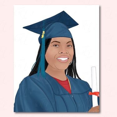 Digital illustration of woman in blue cap and gown with hair styled in braids holding diploma.